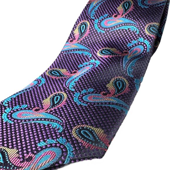 Setazone Men's Silk Tie – Multicolor Paisley on Deep Purple - Picture 2 of 4